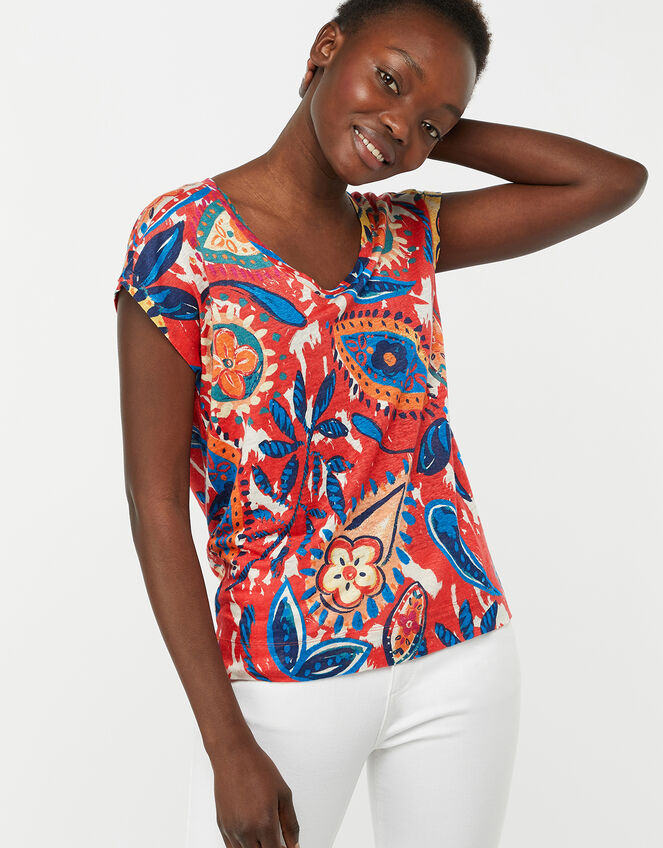 Nelly Linen Print T-Shirt , Red (RED), large
