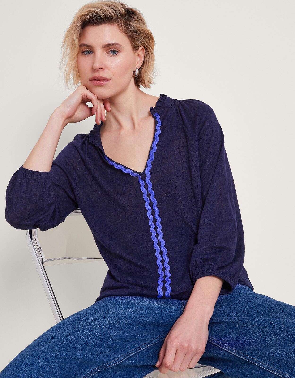 Lola Embroidered Linen Top Blue