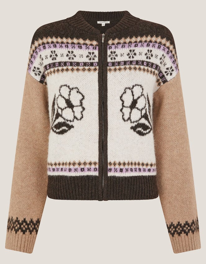 Julia Jacquard Knit Cardigan, Brown (CHOCOLATE), large