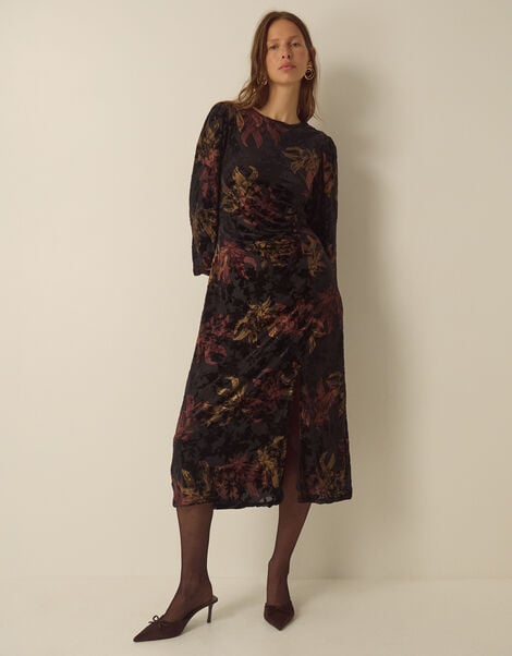 Dora Long Sleeve Floral Devor&eacute; Midi Dress, Black (BLACK), large