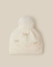 Sparkle Bow Beanie Hat, Ivory (IVORY), large
