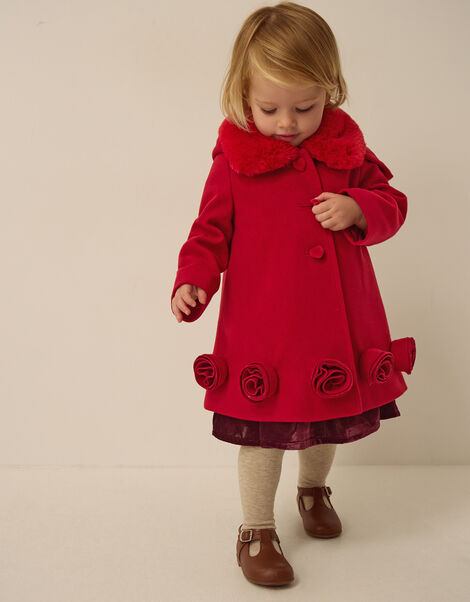 Baby Faux Fur Collar Rosette Coat, Red (RED), large