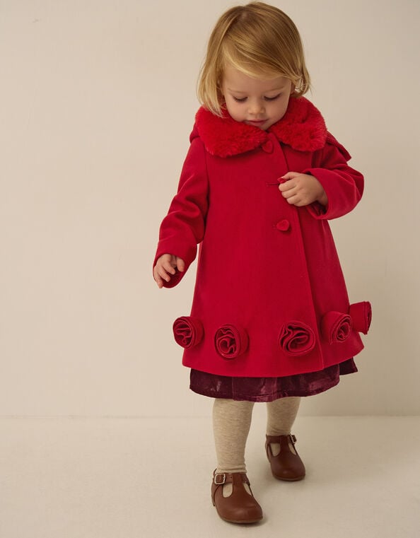 Baby Faux Fur Collar Rosette Coat, Red (RED), large