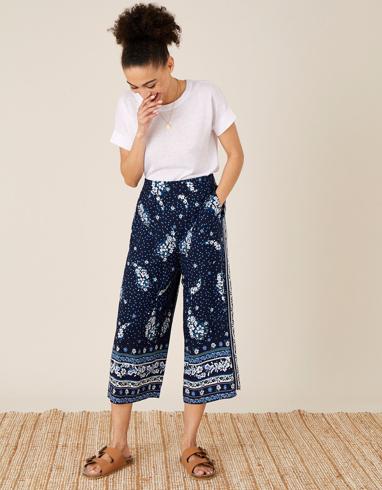 Paisley Print Crop Trousers in LENZING ECOVERO Blue Trousers Leggings Monsoon Global