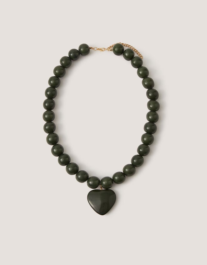 Beaded Resin Heart Pendant Necklace, Green (GREEN), large
