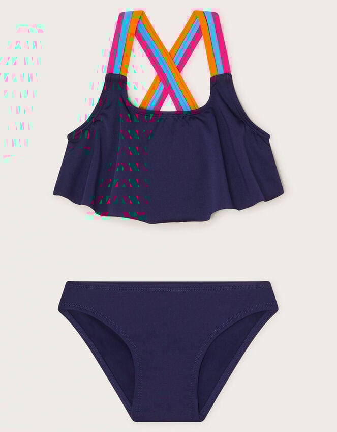 Cross-Back Strap Frill Bikini Set, Blue (NAVY), large