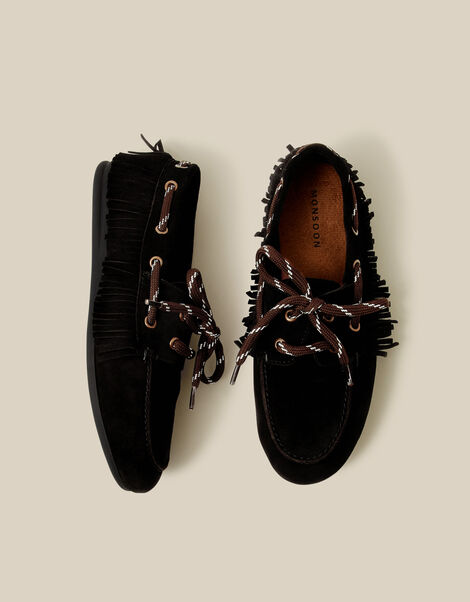 Alba Fringe Suede Moccasin Loafers, Black (BLACK), large