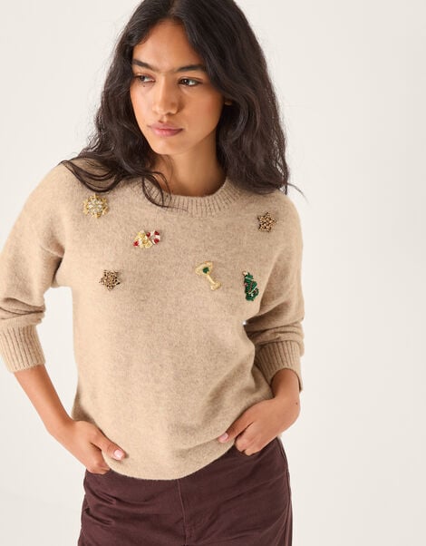 Edie Embroidered Christmas Jumper, Camel (CAMEL), large