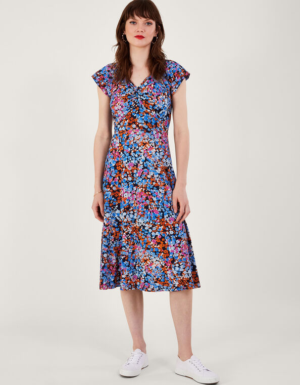 Twist Detail Ditsy Print Jersey Dress, Blue (NAVY), large