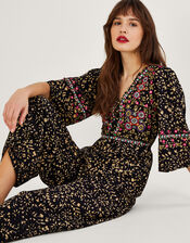 Batik Embroidered Jumpsuit in LENZING™ ECOVERO™, Black (BLACK), large