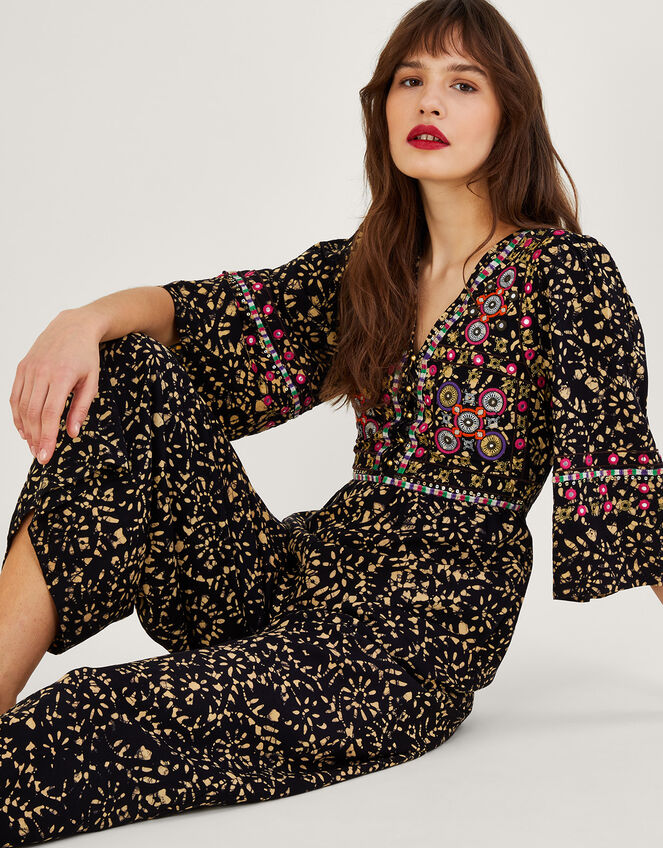 Batik Embroidered Jumpsuit in LENZING™ ECOVERO™, Black (BLACK), large