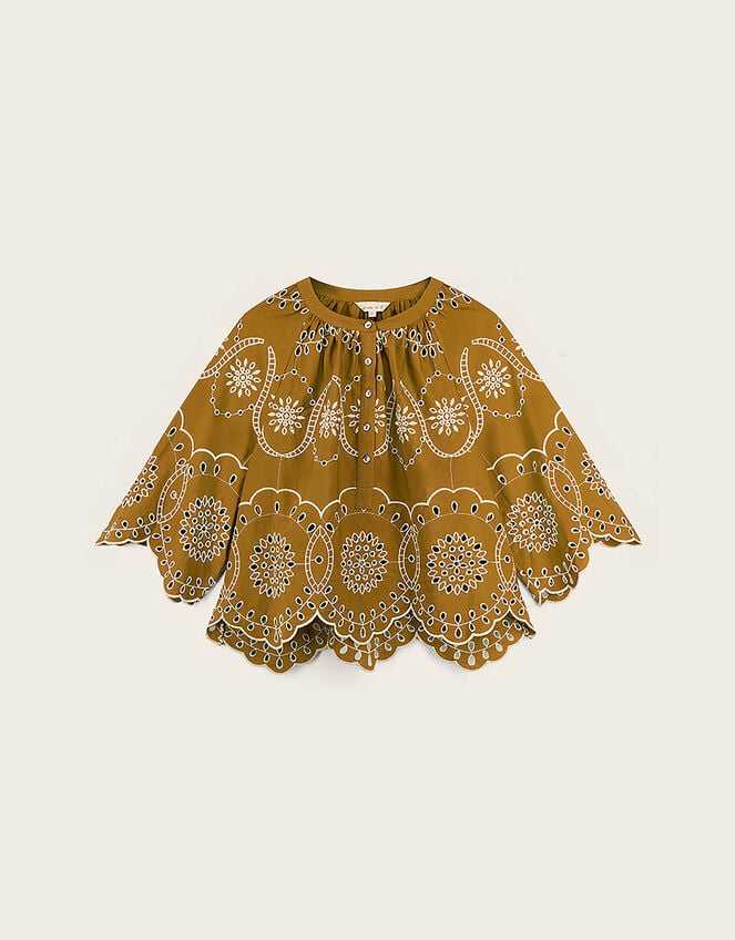 East Leni Floral Broderie Cotton Poplin Top, Green (OLIVE), large