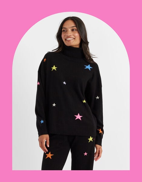 Chinti & Parker Wool Star Roll Neck Jumper, Black (BLACK), large