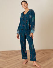 Feather Print Pyjama Set in Sustainable Viscose, Teal (TEAL), large