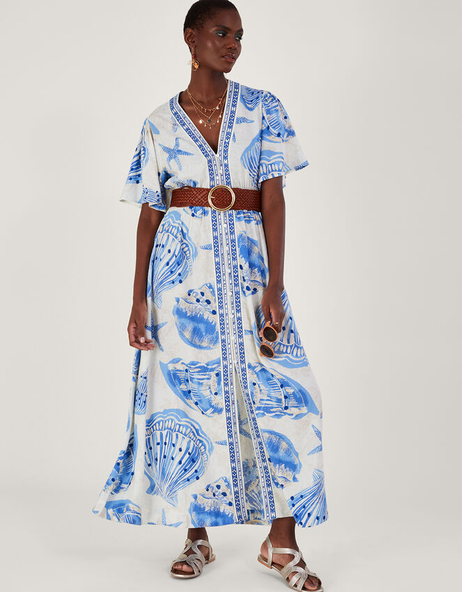 Shell Print Maxi Kaftan Dress in Linen Blend, Ivory (IVORY), large