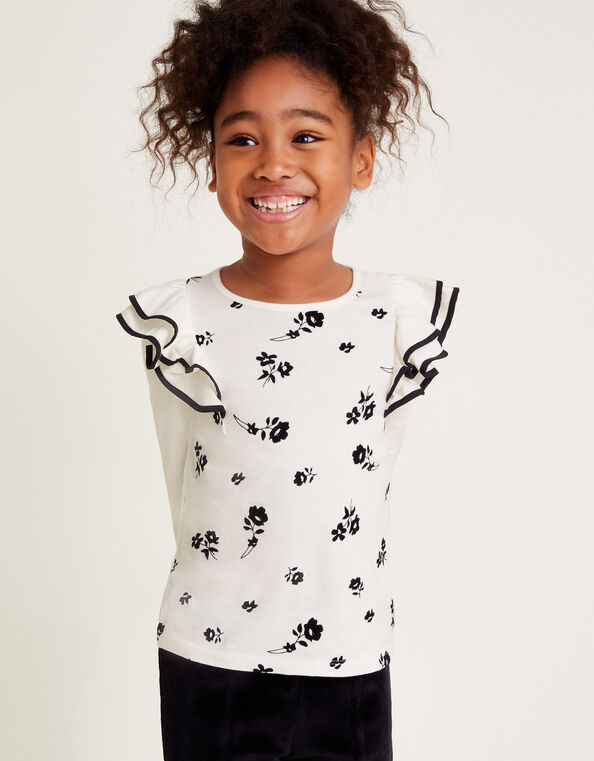 Floral Flock Print Long Sleeve Top, Ivory (IVORY), large