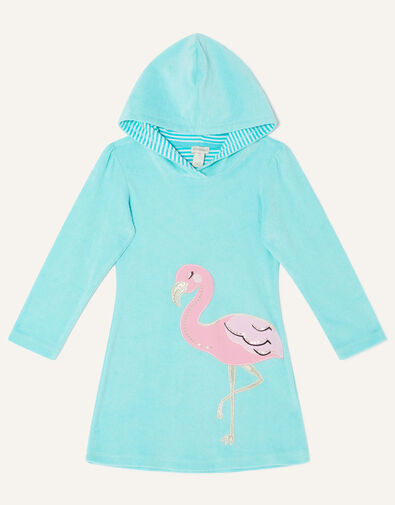 Flamingo Towelling Hooded Dress Blue, Blue (TURQUOISE), large
