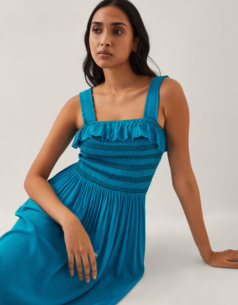 Salma Smocked Sleeveless Midi Dress, Blue (TURQUOISE), large