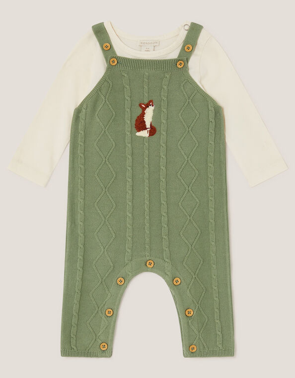 Newborn Fox Cable Knit Dungarees Set, Green (GREEN), large