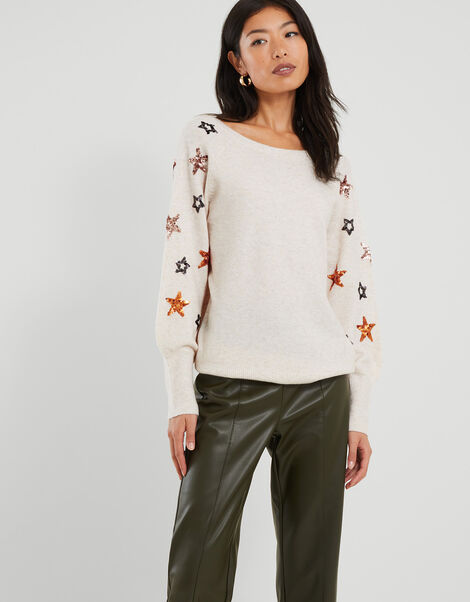 Star Sequin Scoop Neck Jumper, Ivory (IVORY), large