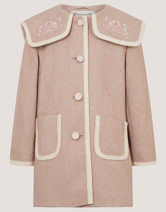 Embroidered Collar Coat, Camel (OATMEAL), large