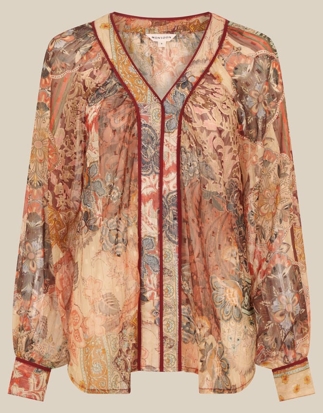 Evelina Sheer Floral Print Top, Brown (BROWN), large