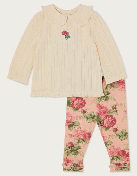 Newborn Betsy Pointelle Top and Floral Leggings Set, Ivory (IVORY), large