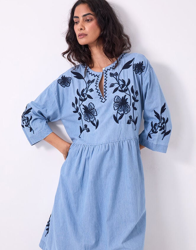 East Andie Embroidered Denim Mini Dress, Blue (BLUE), large
