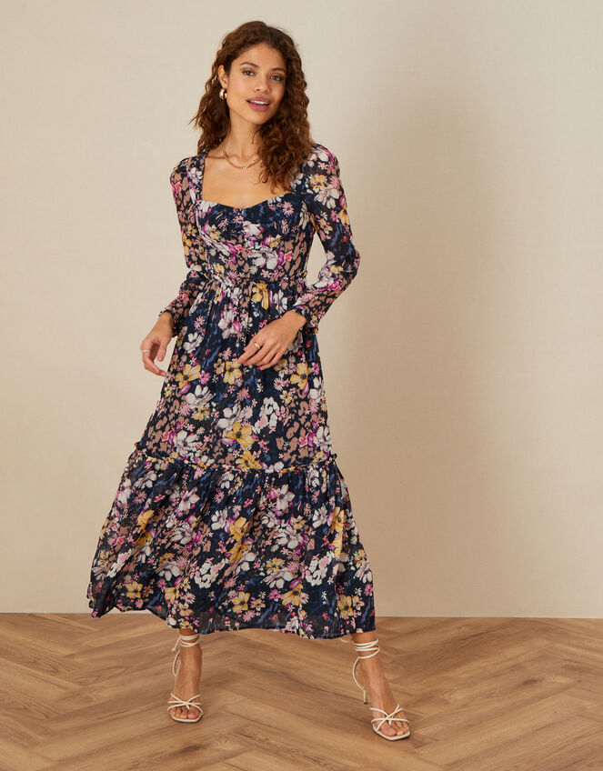 Nina Tiered Midi Dress in Sustainable Viscose, Blue (NAVY), large