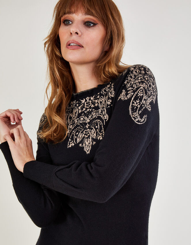 Frill Neck Metallic Print Dress with Sustainable Cotton, Black (BLACK), large