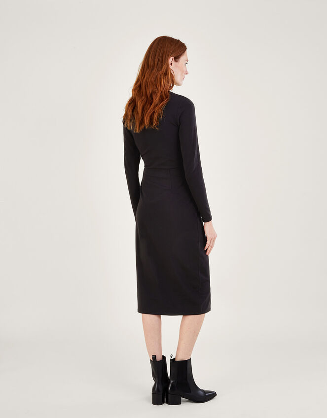 Long Sleeve Side Knot Midi Jersey Dress, Black (BLACK), large