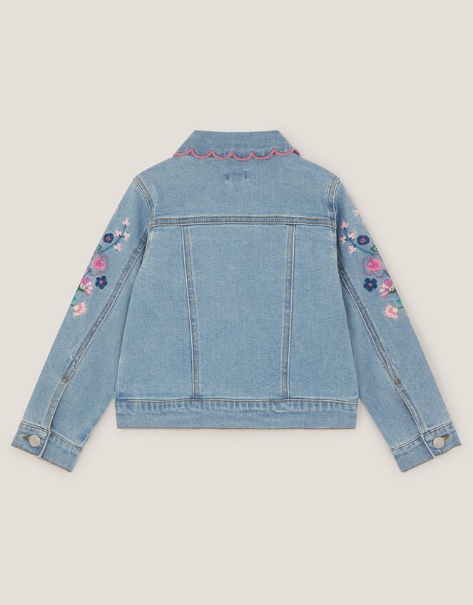Floral Embroidered Frill Denim Jacket, Blue (BLUE), large