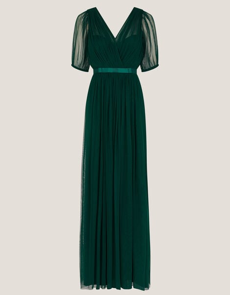 Ellie Sheer Sleeve Plunge Tulle Maxi Dress, Green (DARK GREEN), large