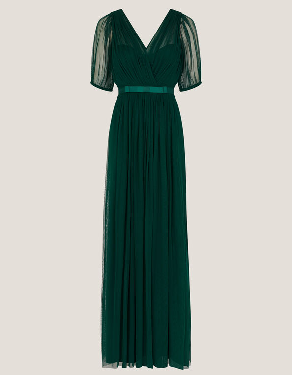 Ellie Sheer Sleeve Plunge Tulle Maxi Dress, Green (DARK GREEN), large