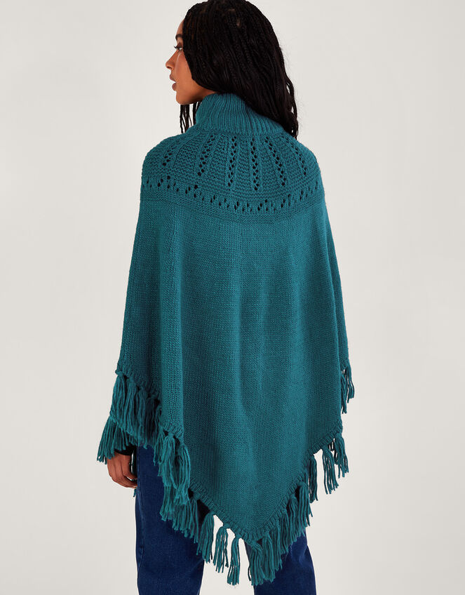 Pointelle Poncho with Fringe Trim, , large