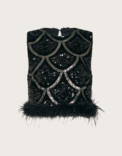Sira Sleeveless Sequin Feather Top, Black (BLACK), large