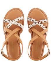 Animal Print Leather Strap Sandals, Tan (TAN), large