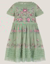 Floral Embroidered Ruffle Tulle Dress, Green (GREEN), large