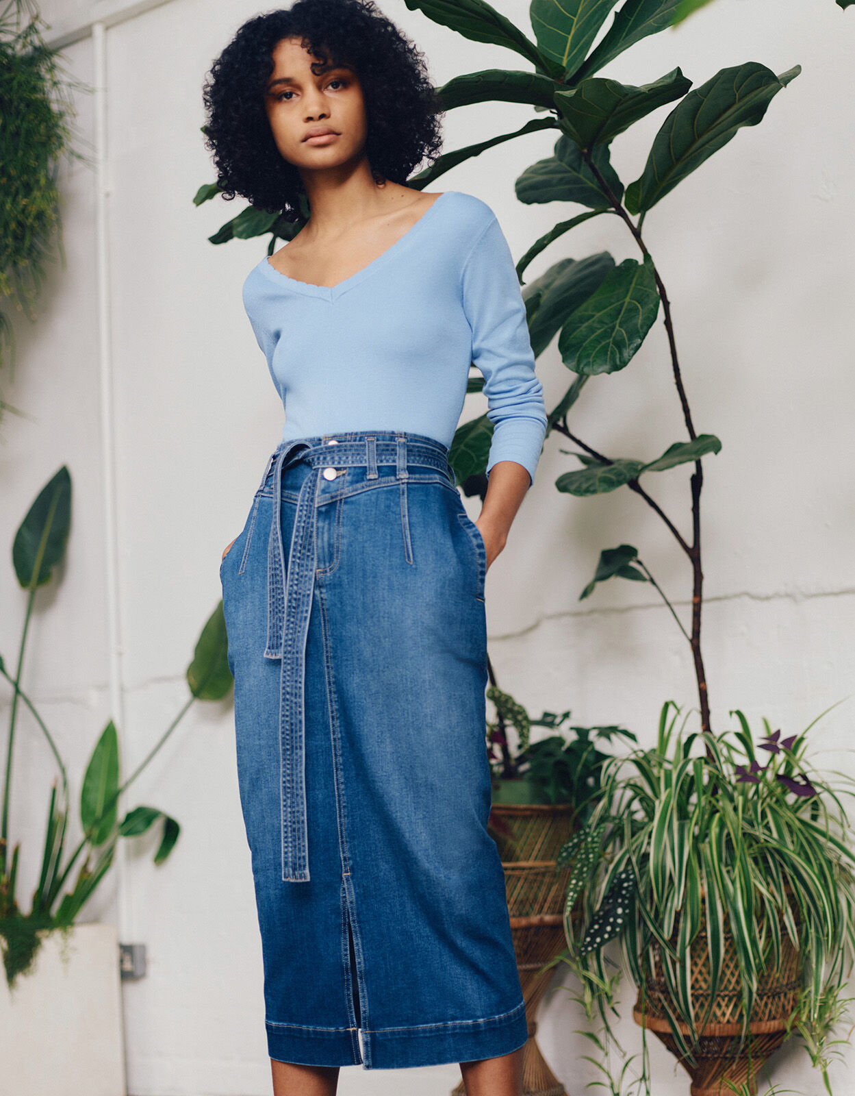 Straight Denim Midi Skirt Blue
