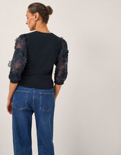 Fi Sheer Floral Appliqué Top, Blue (NAVY), large
