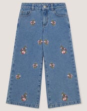 Floral Embroidered Wide Leg Jeans, Blue (BLUE), large