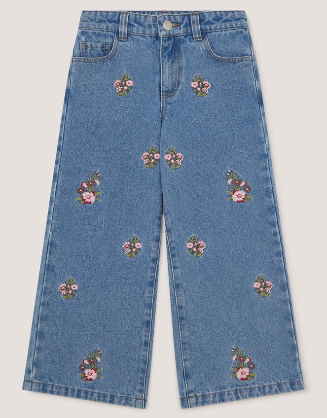 Floral Embroidered Wide Leg Jeans, Blue (BLUE), large
