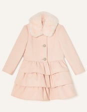 Triple Frill Coat with Faux Fur Collar, Pink (PALE PINK), large