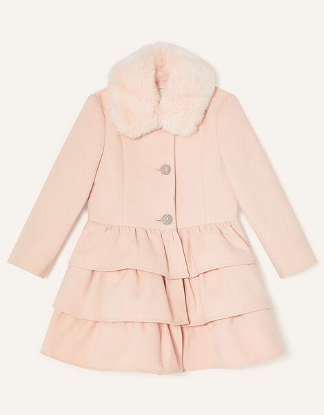 Triple Frill Coat with Faux Fur Collar Pink, Pink (PALE PINK), large