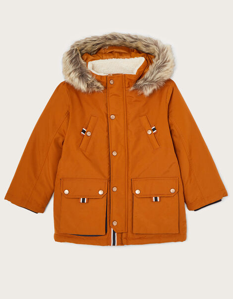 Longline Pocket Parka Coat with Hood Rust, Orange, large