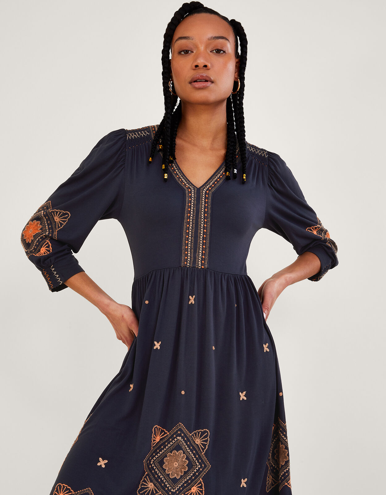 Embellished Puff Sleeve Midi Jersey Dress Blue