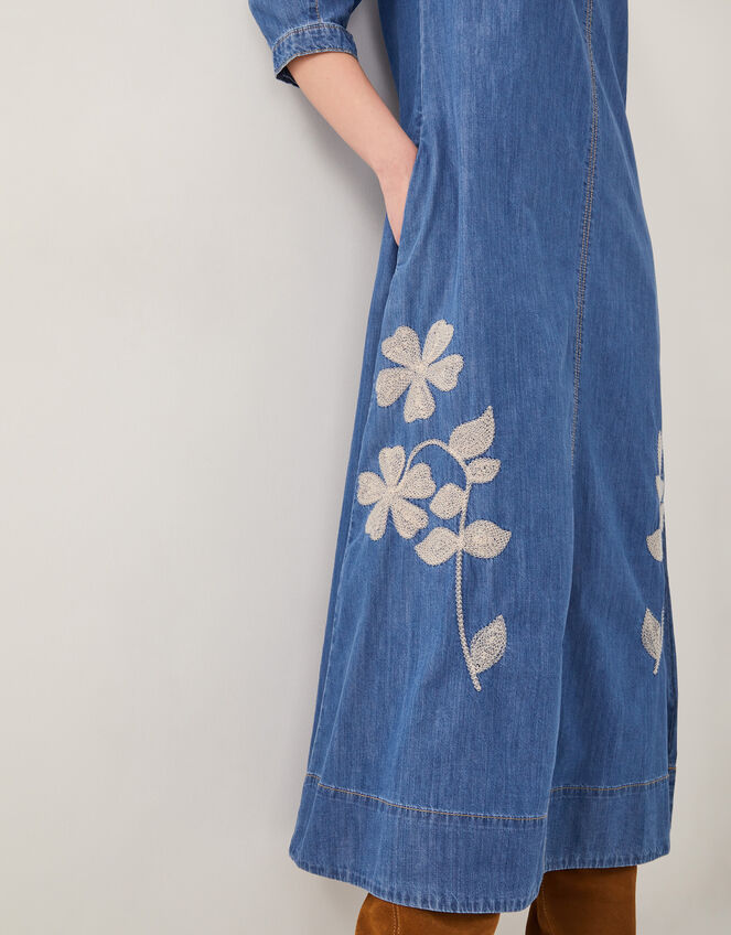 Fallon Floral Embroidered Denim Midi Dress, Blue (DENIM BLUE), large