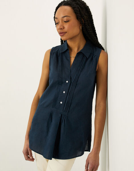 Sleeveless Longline Tunic Shirt in Linen Blend Blue, Blue (NAVY), large