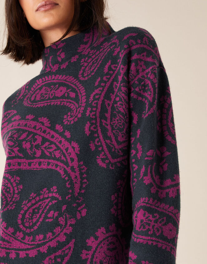 Paisley Jacquard Knit Dress, Blue (NAVY), large