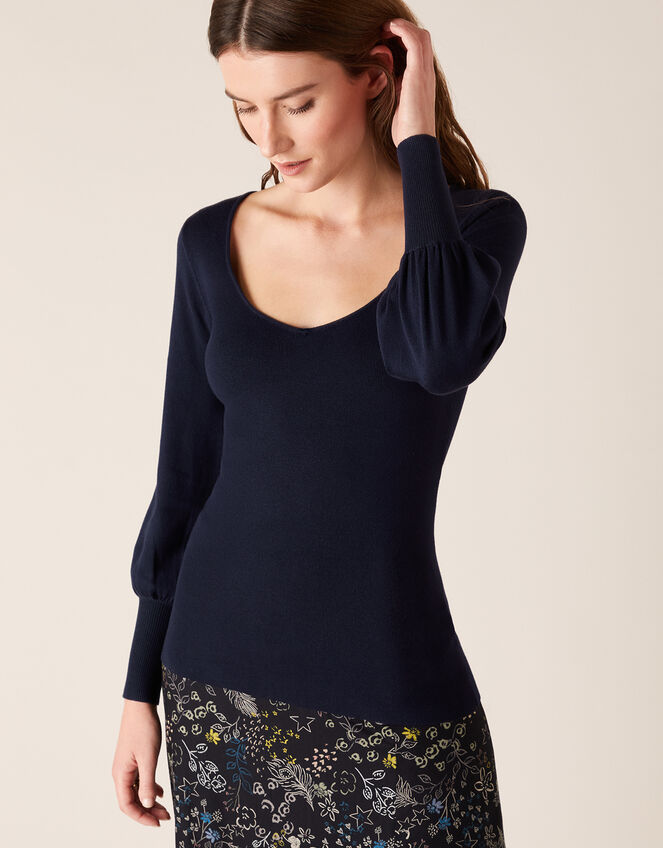 Sweetheart Neck Jumper, Blue (NAVY), large